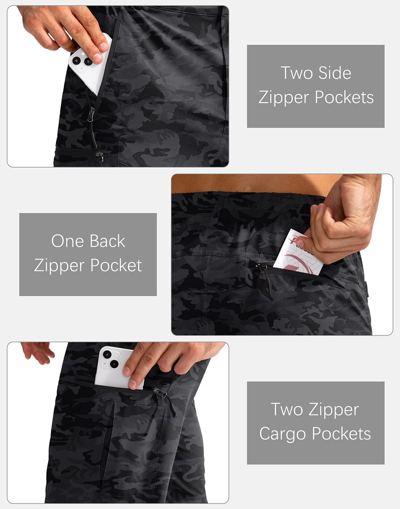 Pudolla Men's Hiking Cargo Shorts 9" Lightweight Outdoor Work Shorts for Men Travel Golf Camping Casual with 5 Zipper Pockets(Black Camo X-Large)