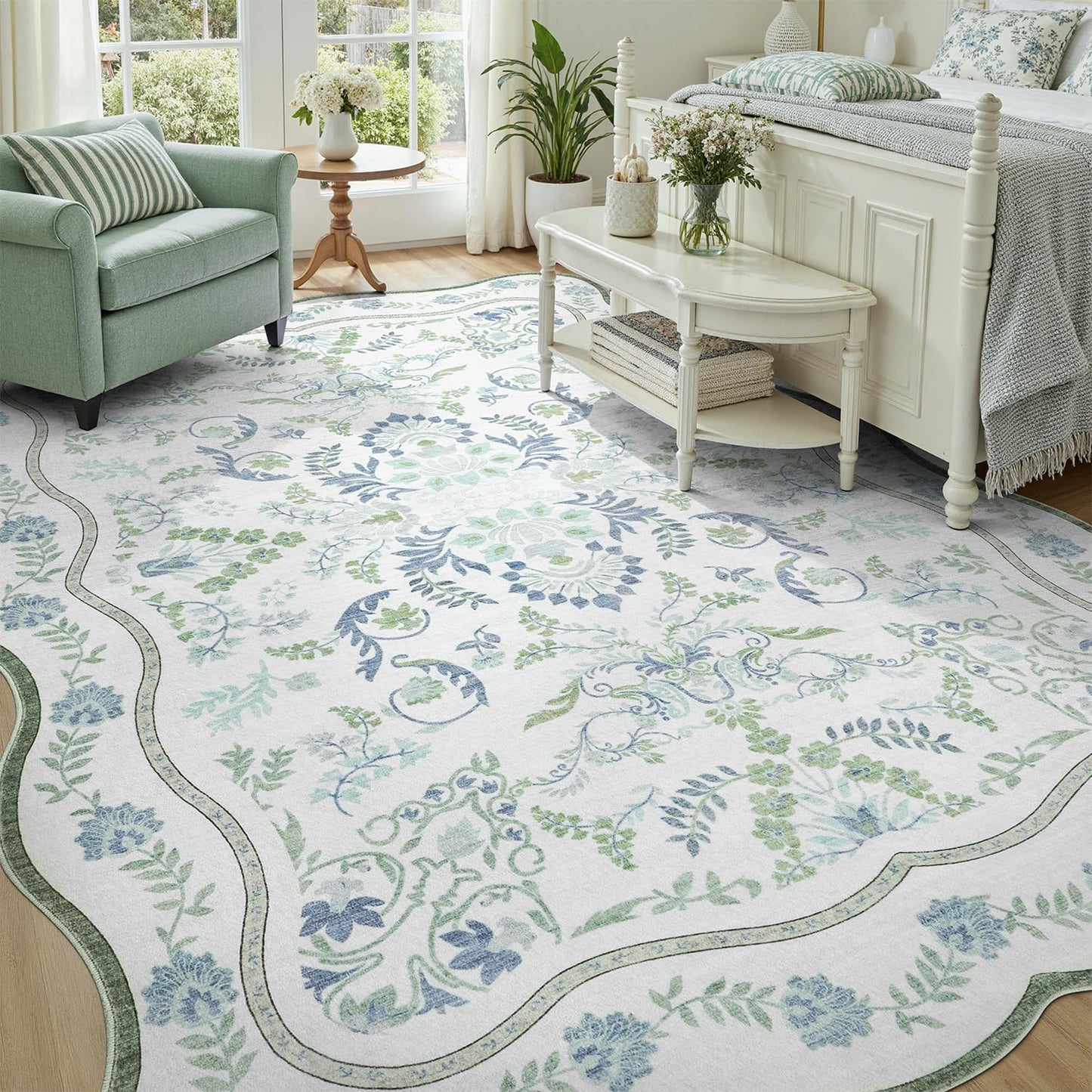DCX Green and Blue 9x12 Rug, Kid & Pet Friendly with Rubber Back Non Slip, Washable Stain Resistant Botanical Scalloped Rug for Living Room, Bedroom, Soft Low Pile Large Nursery Carpet