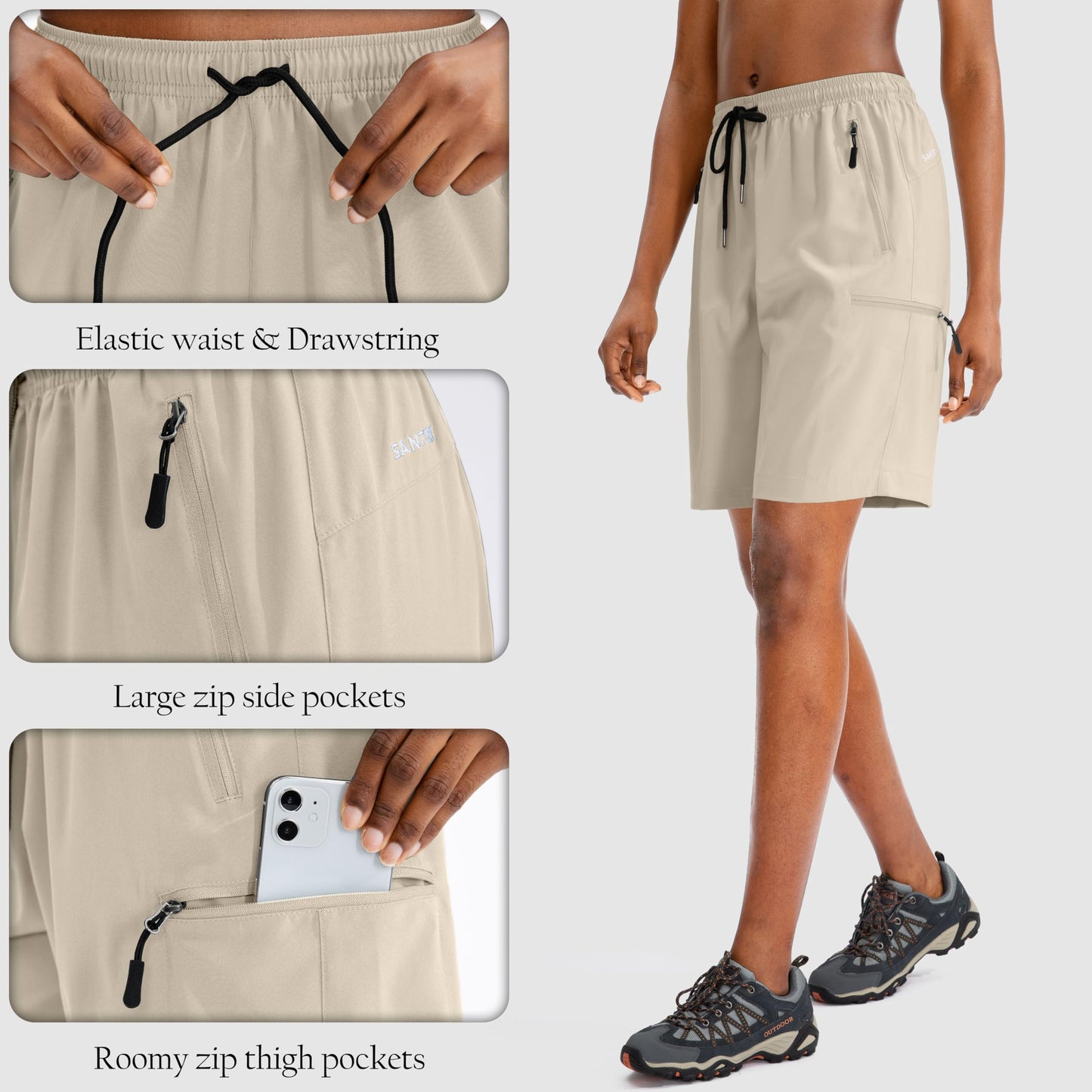 SANTINY Women's 5''/ 7''/9'' Hiking Cargo Shorts Quick Dry Lightweight Summer Shorts for Women Athletic Golf Zipper Pockets(Khaki_M)