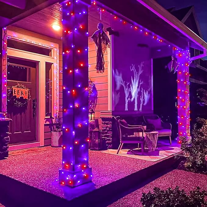 Vivideal 300 LED Christmas Lights Outdoor, 100ft Christmas String Lights Indoor Clear Wire 8 Modes Waterproof Plug in String Light for Tree Party Garden Decorations, Purple&Orange