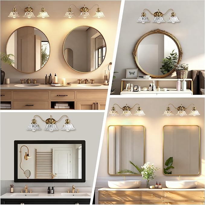 3-Lights Bathroom Vanity Light, Gold Vintage Bathroom Light Fixtures, Matte Antique Brass Finish with Crystal Glass Shade, Wall Sconces Lighting for Living Room, Bedroom, Hallway（E26 Base）