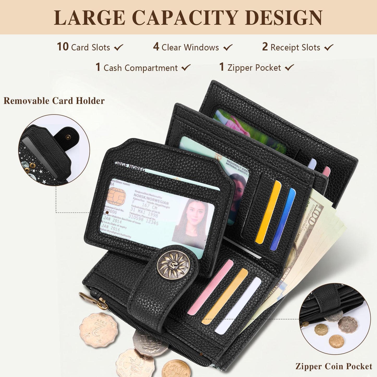 Mayski Celestial Moon Small RFID Wallet Women, PU Leather Bifold Zipper Coin Pocket Compact Cash Credit Card Holder Purse, Cute Travel Wallet for Female Ladies Teen Girls, 4 ID Window 14 Card Slots
