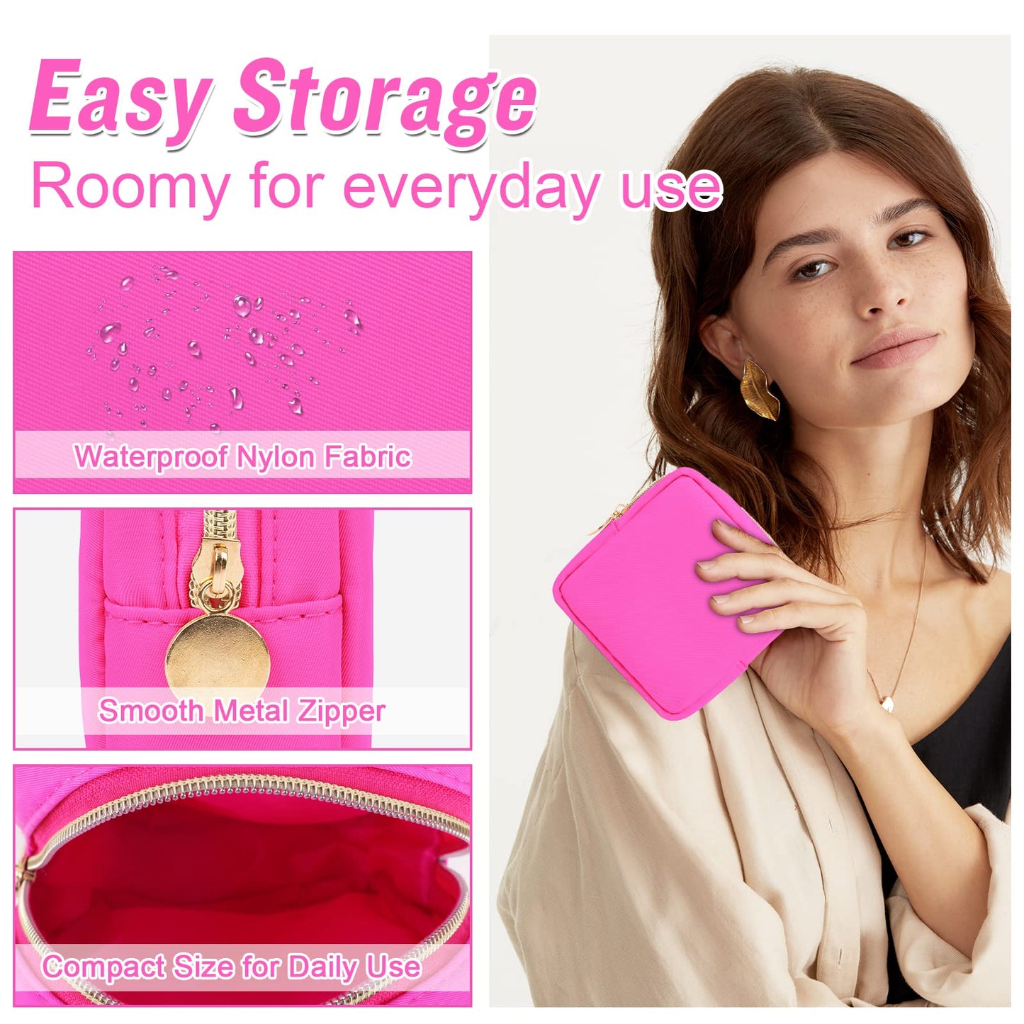 Nylon Mini Makeup Bag for Purse, Preppy Small Cute Makeup Bag Cosmetic Zipper Pouch Purse, Waterproof Travel Coin Pouch Sanitary Napkin Storage Bag Clutch Make Up Organizer for Women Girls(Hot Pink)
