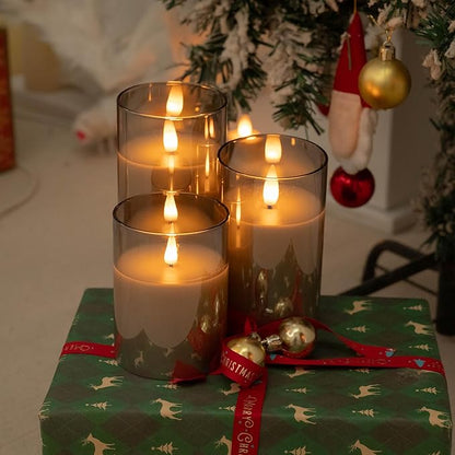 Glass Flameless Pillar Candles Flickering with Remote Timer, Battery Operated LED 3D Moving Flame Real Wax Candles,Remote Included (Gray)