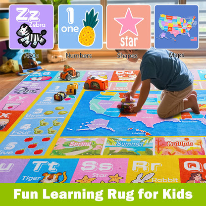 OHDS Kids Rugs for Playroom - Soft & Non-Slip 3x4 Feet Educational Rug for Learning ABC Alphabet, Numbers, Shapes & Map, Washable Classroom Rug for Toddler Nursery & Kids Room Decor