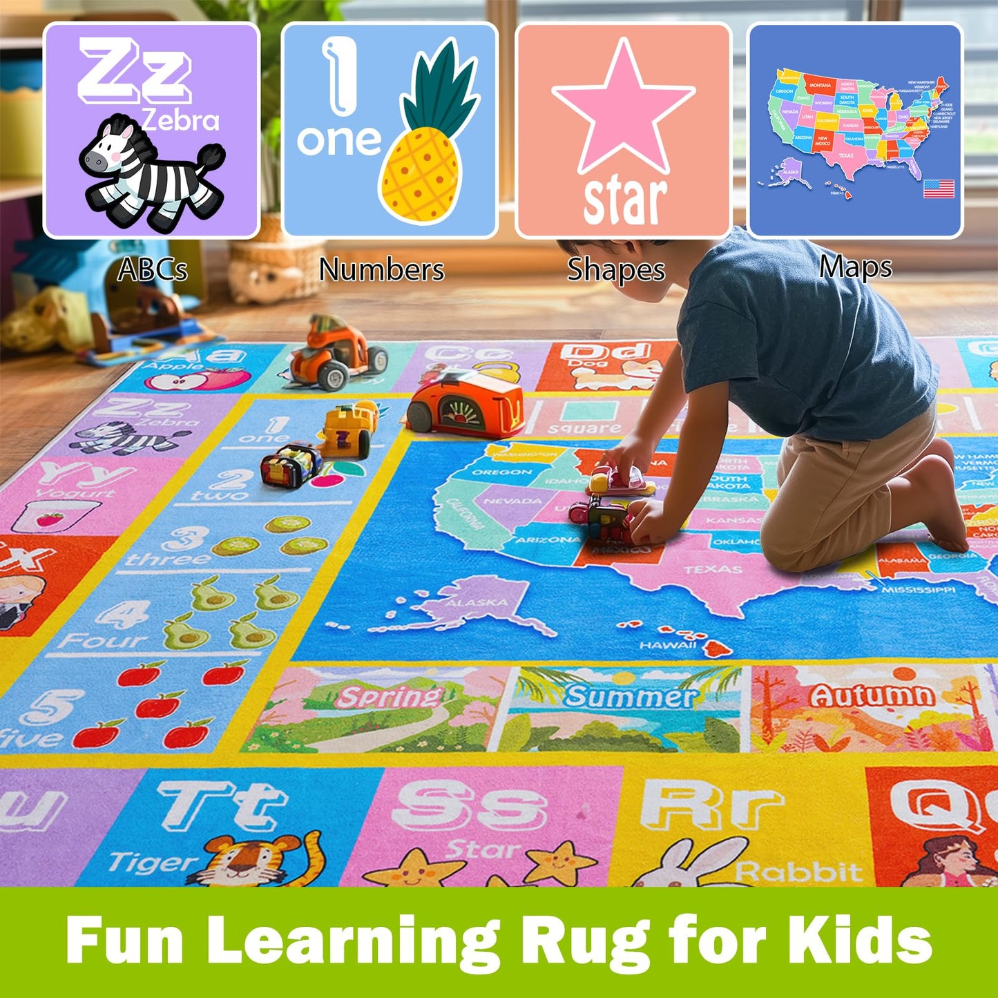 OHDS Kids Rugs for Playroom - Soft & Non-Slip 8x10 Feet Educational Rug for Learning ABC Alphabet, Numbers, Shapes & Map, Washable Classroom Rug for Toddler Nursery & Kids Room Decor