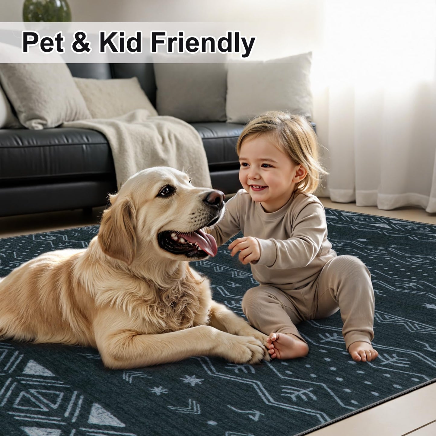 SERISSA 5x7 Area Rugs for Living Room, Washable Non-Slip Grey Boho Rug, Soft Low-Pile Geometric Indoor Large Carpet for Dining Room Bedroom Home Office Playroom