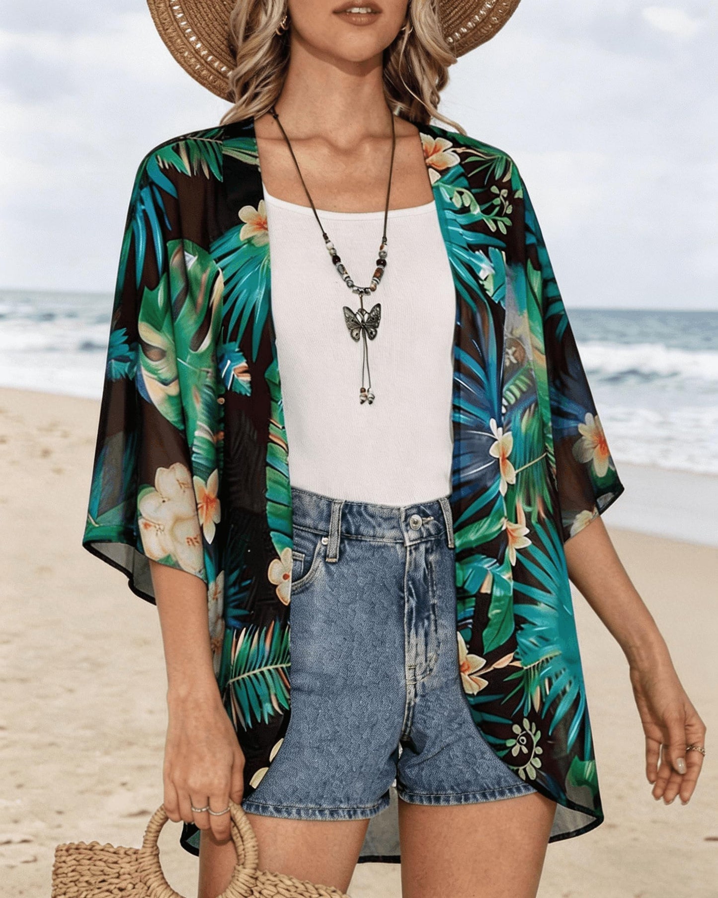 Women's Floral Print Puff Sleeve Kimono Cardigan Loose Cover Up Casual Blouse Tops (Black Green Print, 3XL)