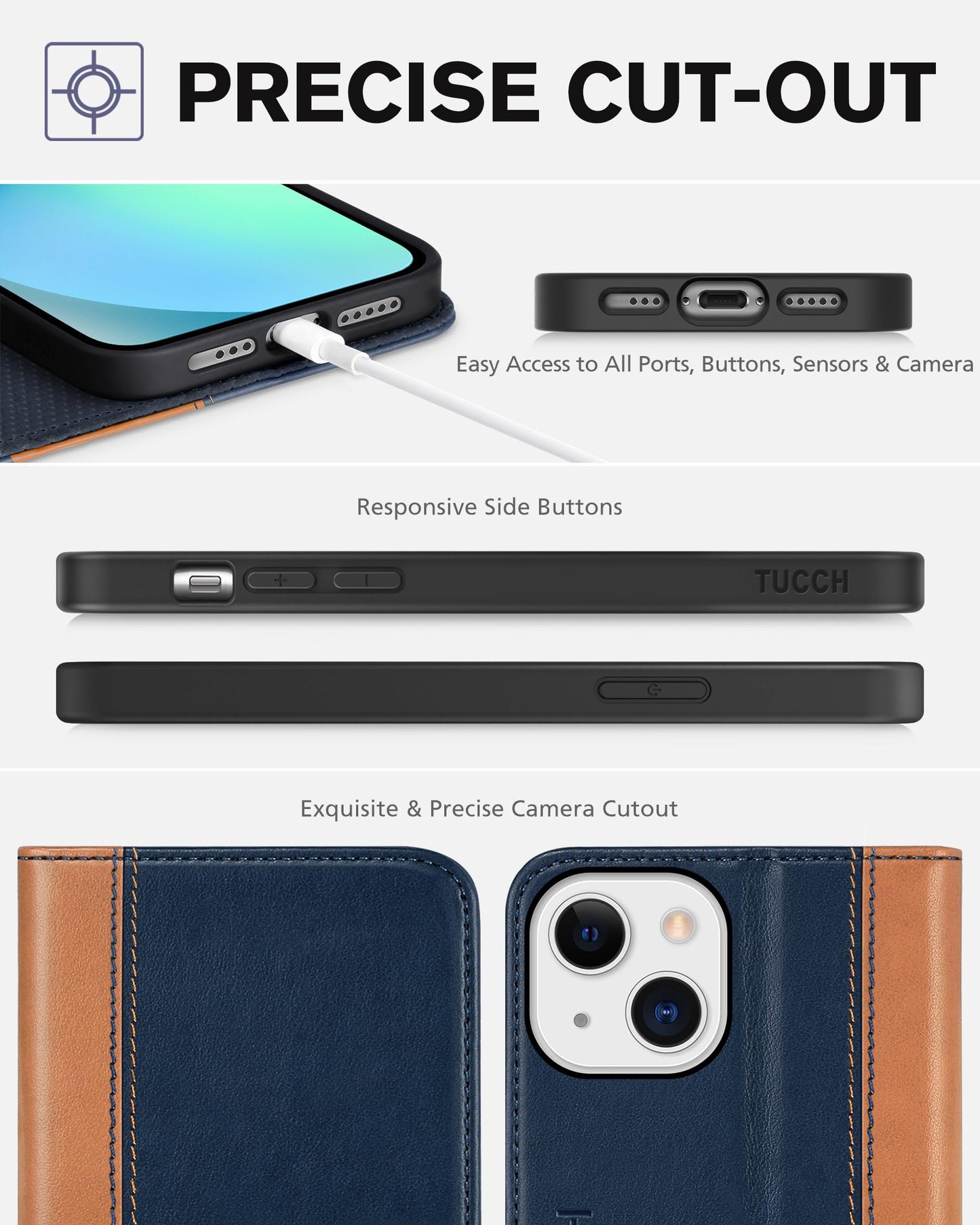 TUCCH Case for iPhone 13 Wallet Case 5G, [Card Holder] Slots Folio PU Leather Cover, Kickstand Flip Case with [TPU Shockproof Interior Case] Compatible with iPhone 13 6.1-inch 2021, Brown & Dark Blue
