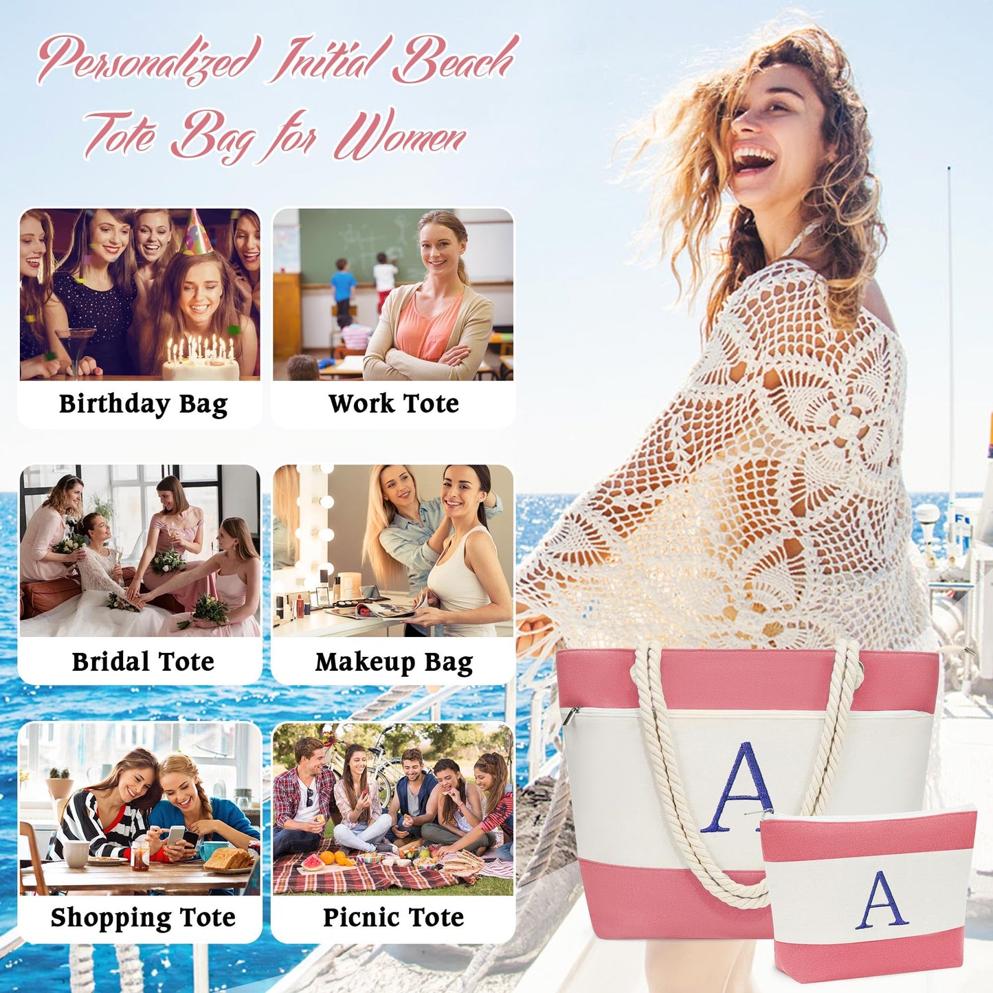 YOOLIFE Personalized Beach Bag - Monogram Beach Tote Swim Pool Bag for Travel Essentials, Personalized Birthday Gifts for Women Her Best Friend Female Gift Idea Girlfriend Birthday Gifts J