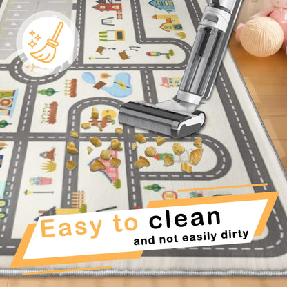 5x7ft Kids Town Road Play Rug - Non-Slip Faux Wool Carpet with Interactive City Map Design, Educational Toy Vehicle Mat for Kids, Bedroom Playroom Nursery Gift.