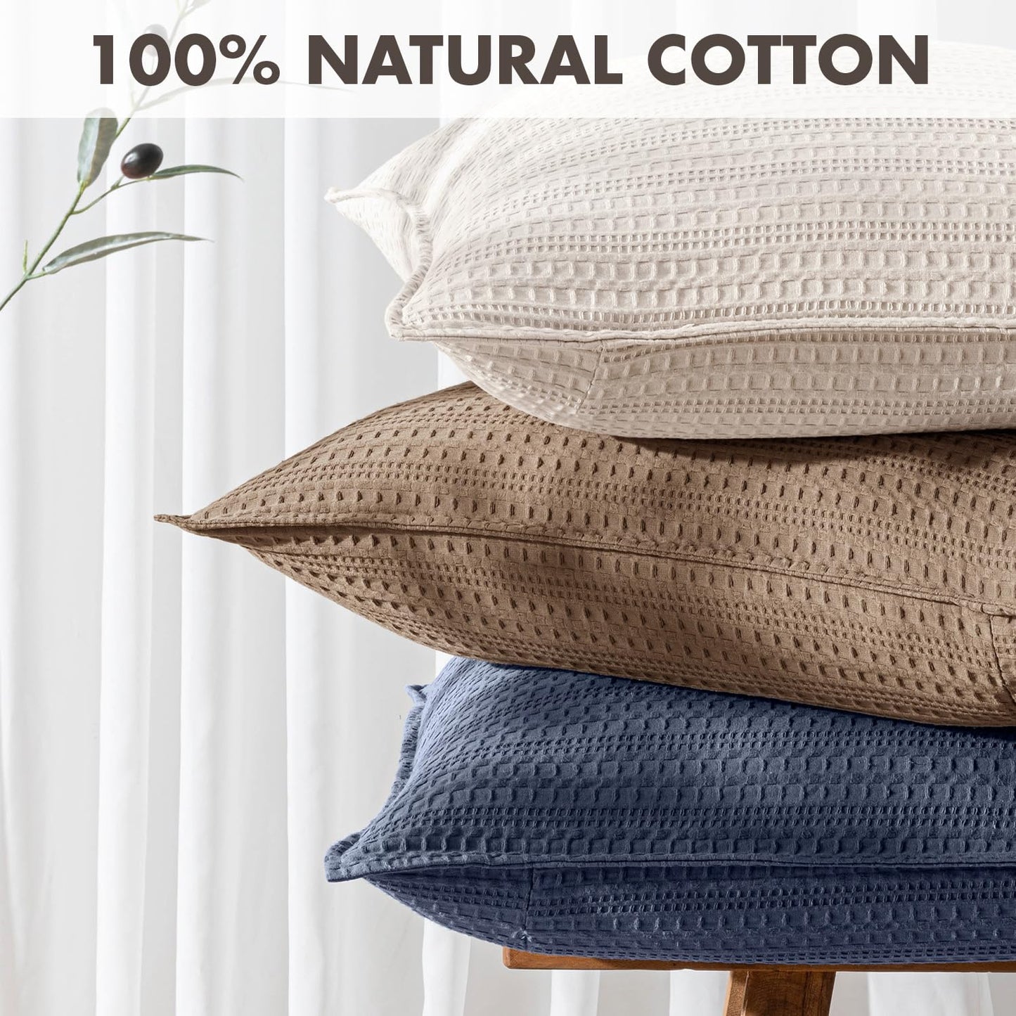 Woaboy Set of 2 Decorative 100% Cotton Waffle Throw Pillow Covers 18x18, Neutral Euro Shams Weave European Cushion Cases for Couch Sofa Bed Modern Farmhouse Home Decor, Cream