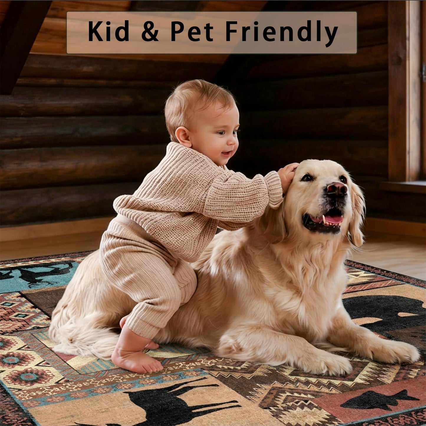 Washable Area Rug 3x5, Rustic Lodge Bear Rugs for Entryway Non Slip Low Pile Southwestern Area Rugs Vintage Large Soft Carpet for Bedroom Office Kitchen Dining Room