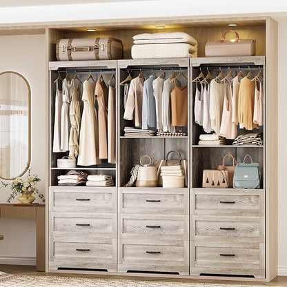 IRONCK Freestanding Closet System with 3 Wood Drawers, Modern Armoire Wardrobe with Adjustable Shelves & Hanging Rod, Walk-in Closet Systems Organizer for Small Closet, Rustic Maple