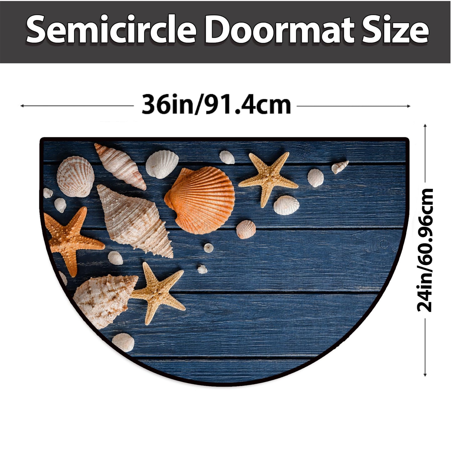 NYZE Half Circle Door Mat Indoor Outdoor Three-Proof Velvet Semi Circle Rug, Non-Slip Half Moon Entryway Rug for Bathroom, Kitchen, Half Round Door Mat (Seashell on Blue Wood, 24x36 inch)