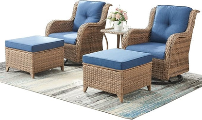 Rilyson Patio Furniture Swivel Chairs Set - 5 Piece Rattan Wicker Outdoor Sectional Conversation Sets with 2 Swivel Rocking Chairs,2 Ottomans and 1 Side Table for Porch Deck Garden(Yellow/Blue)