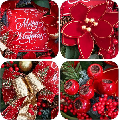 Christmas Wreath with Lights, 24 Inch Lighted Christmas Wreath for Front Door, Winter Wreath with LED Lights, red Berries, Pinecones, Gold Ball, Red Bow, Merry Christmas Sign for Indoor or Outdoor