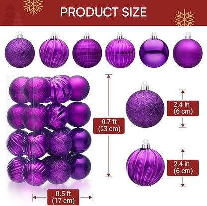JOIEDOMI 24 Pcs Purple Christmas Balls Ornaments Set, 2.36" Christmas Tree Ornaments Shatterproof, Xmas Balls Hanging Decorations for Tree Wreath Garland Holiday Wedding Indoor Party Decor