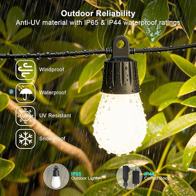 Outdoor String Lights 118FT Smart Patio Lights with APP Control, 36 LED Bulbs RGB IC Warm White, IP65 Waterproof Color Changing for Christmas, Patio, Backyard, Garden, Party, Holiday Decor