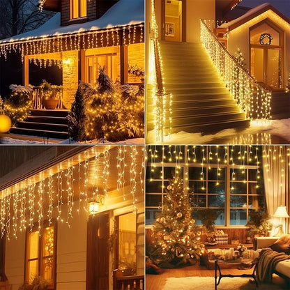 600LED Plug-in Christmas Icicle String Lights, 75Ft With Remote, 8 Modes Warm White Twinkle Fairy Waterproof for Terrace Wall Outdoor Decoration