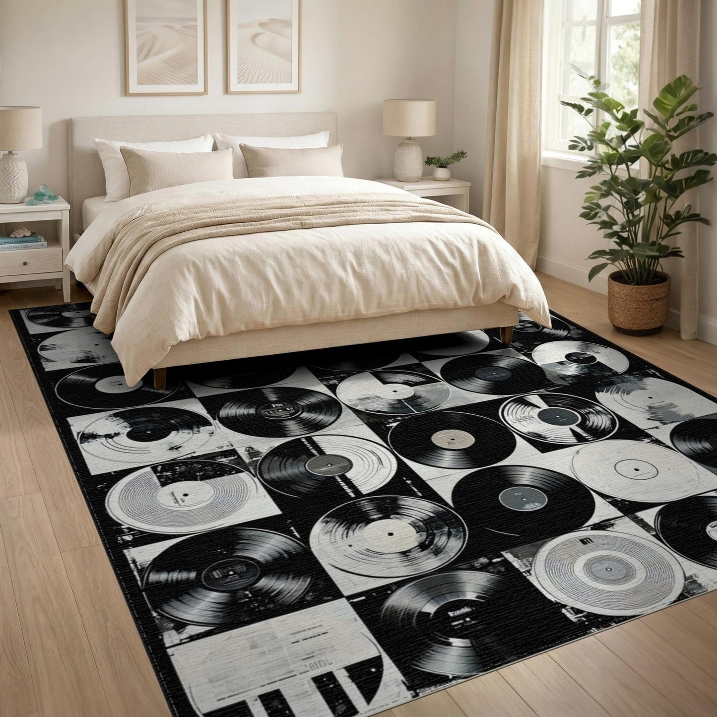 ODIKA Flatwoven High Traffic Area Rug 8x10, Vinyl Record Inspired with Classic Rock Band Graphics, Non Slip, Stain Resistant, Washable Area Rugs for Living Room, Bedroom (Black, 8x10)