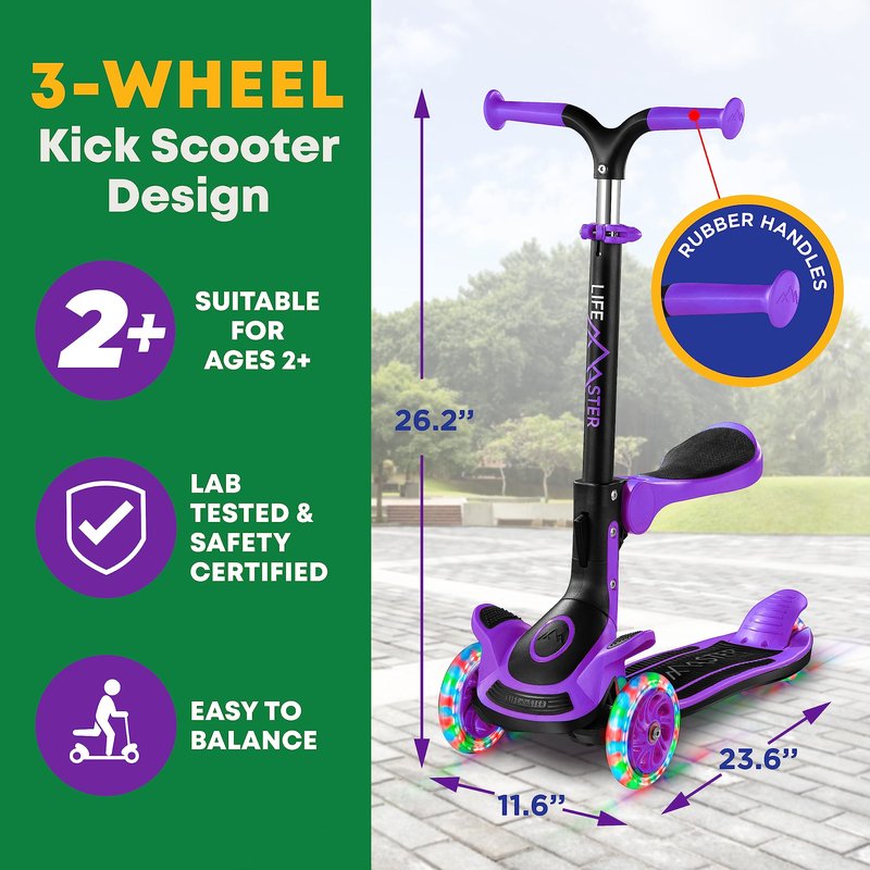 3 Wheel Scooter for Kids with Foldable Seat, Adjustable Handlebar Height, Lean-to-Steer Ride On Toy for Kids Ages 2+, Light-Up LED Wheels, Wide Anti Slip Deck, Indoor & Outdoor Use, Purple