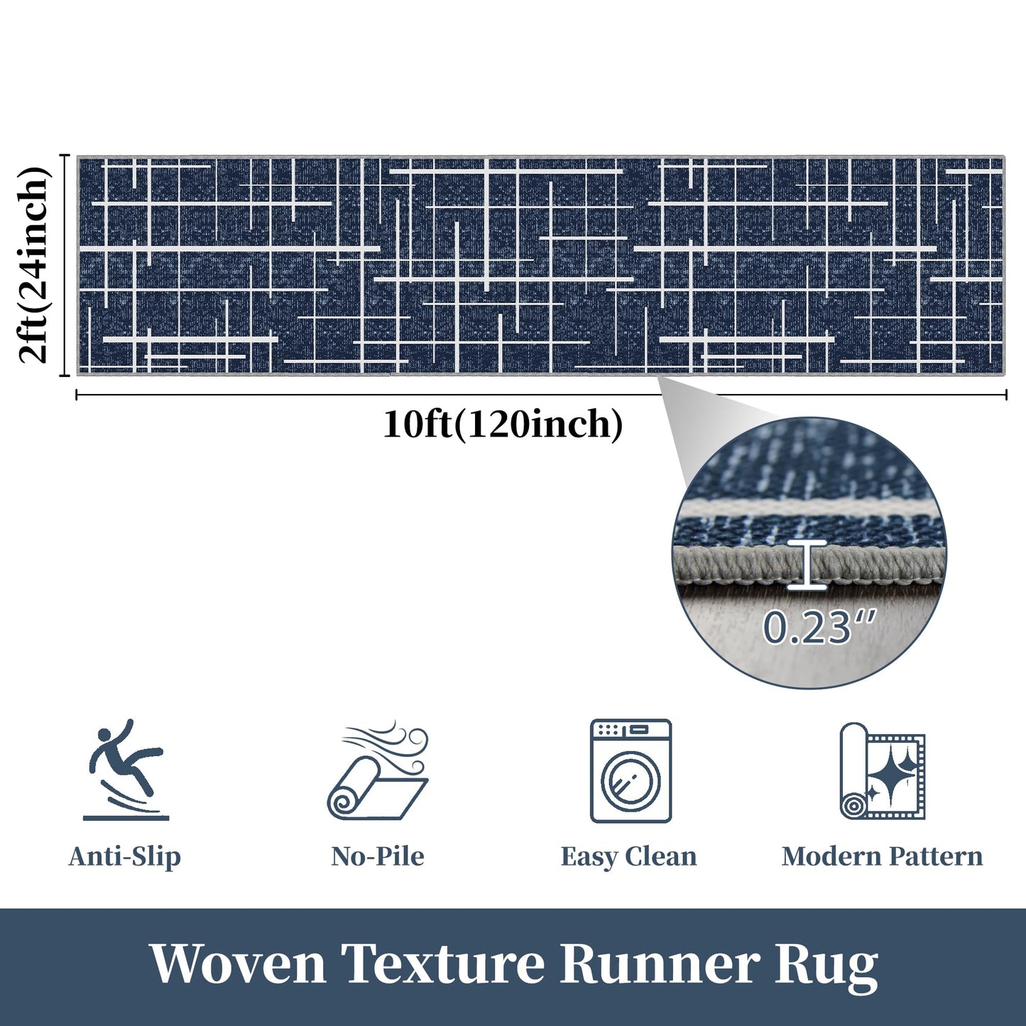 TTelephant Non Slip Hallway Runner Rug 2x10, Blue Modern Distressed Stripe, Washable Long Rug, Woven Thin Low Pile Carpet Runners for Hallway 10ft Entryway, Kitchen, Walkway- Blue