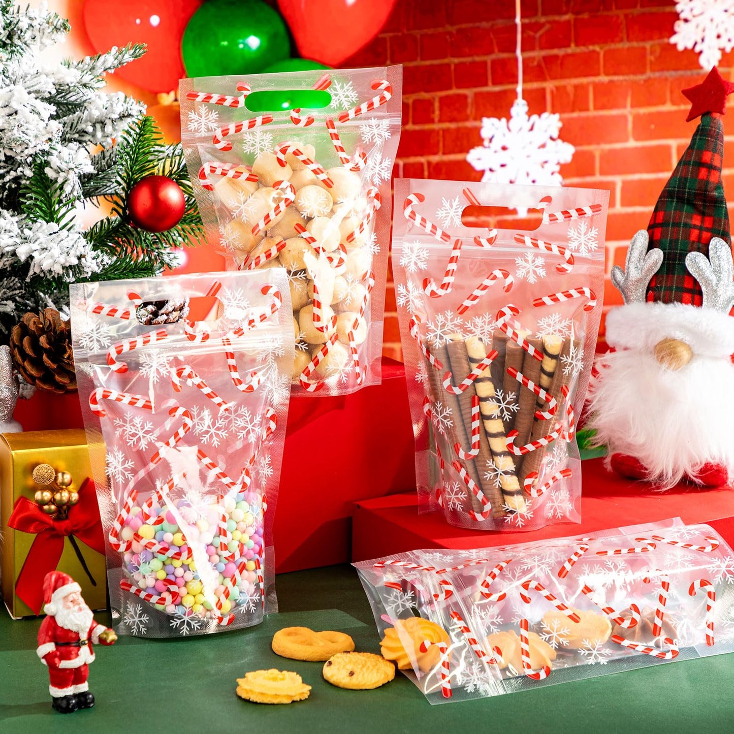 Engrowtic 50 Pcs Christmas Treat Bags Resealable Christmas Zipper Bags Candy Cane Plastic Gift Bag Holiday Bag with Handles for Xmas Party Favor Wrapping Supplies