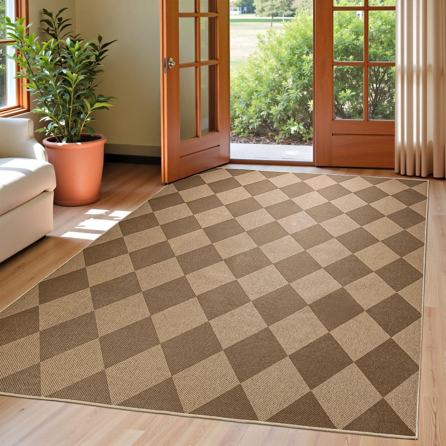 EDIMENS Checkered Easy Jute Area Rugs, 5x7 Outdoor Patio Rug for Entryway Indoor Outdoor Living Room Carpet, Brown Washable Non Slip Diamond Farmhouse Carpet for Backyard Front Porch Patio Balcony