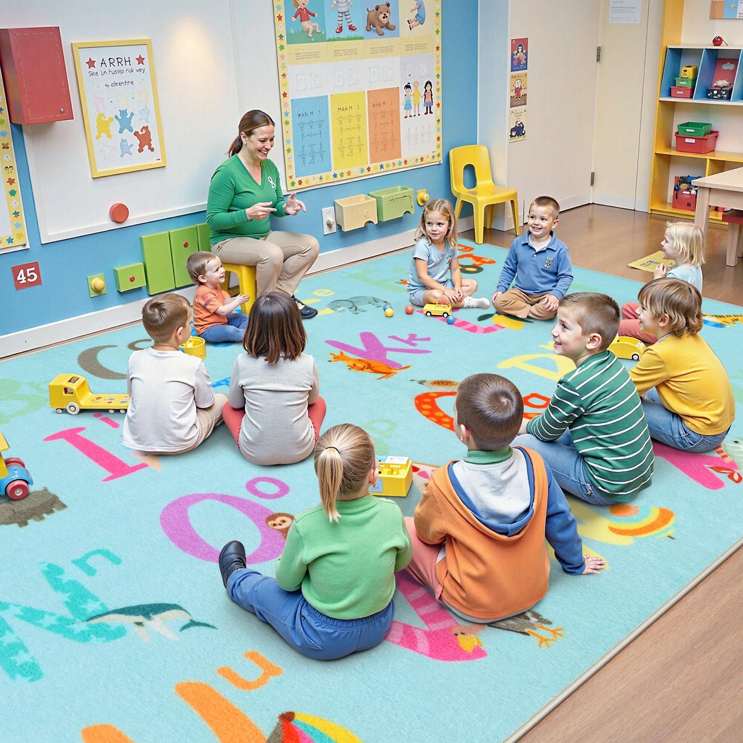 LIVEBOX 7'5" x 13' Blue ABC Kids Classroom Carpet, Large Washable Alphabet Educational Learning Area Rugs for Classroom Elementary, Non-Slip Preschool Kids Teacher Rug for Kindergarten Daycare Baby