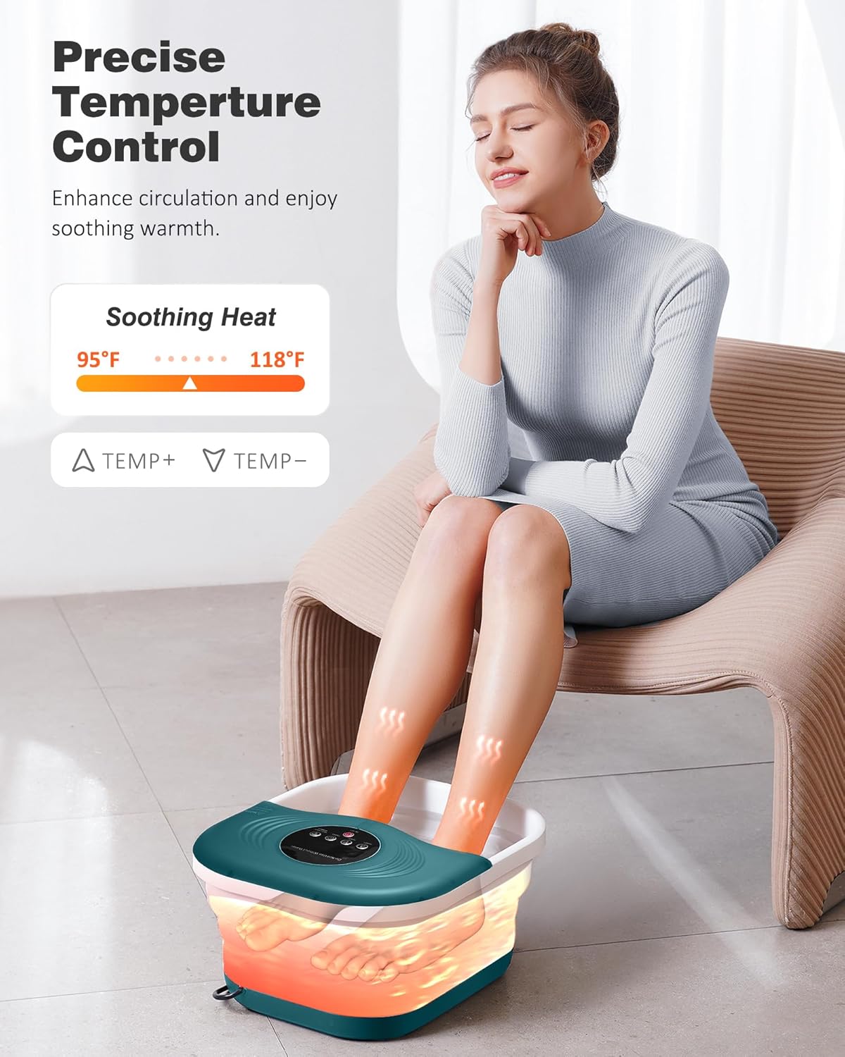 Foot Spa Bath Massager with Heat, Bubbles, Vibration, 8 Removeable Roller (not Motorized), Pedicure Foot Spa with 95-118℉ Temperature Control for Relaxing Feet at Home
