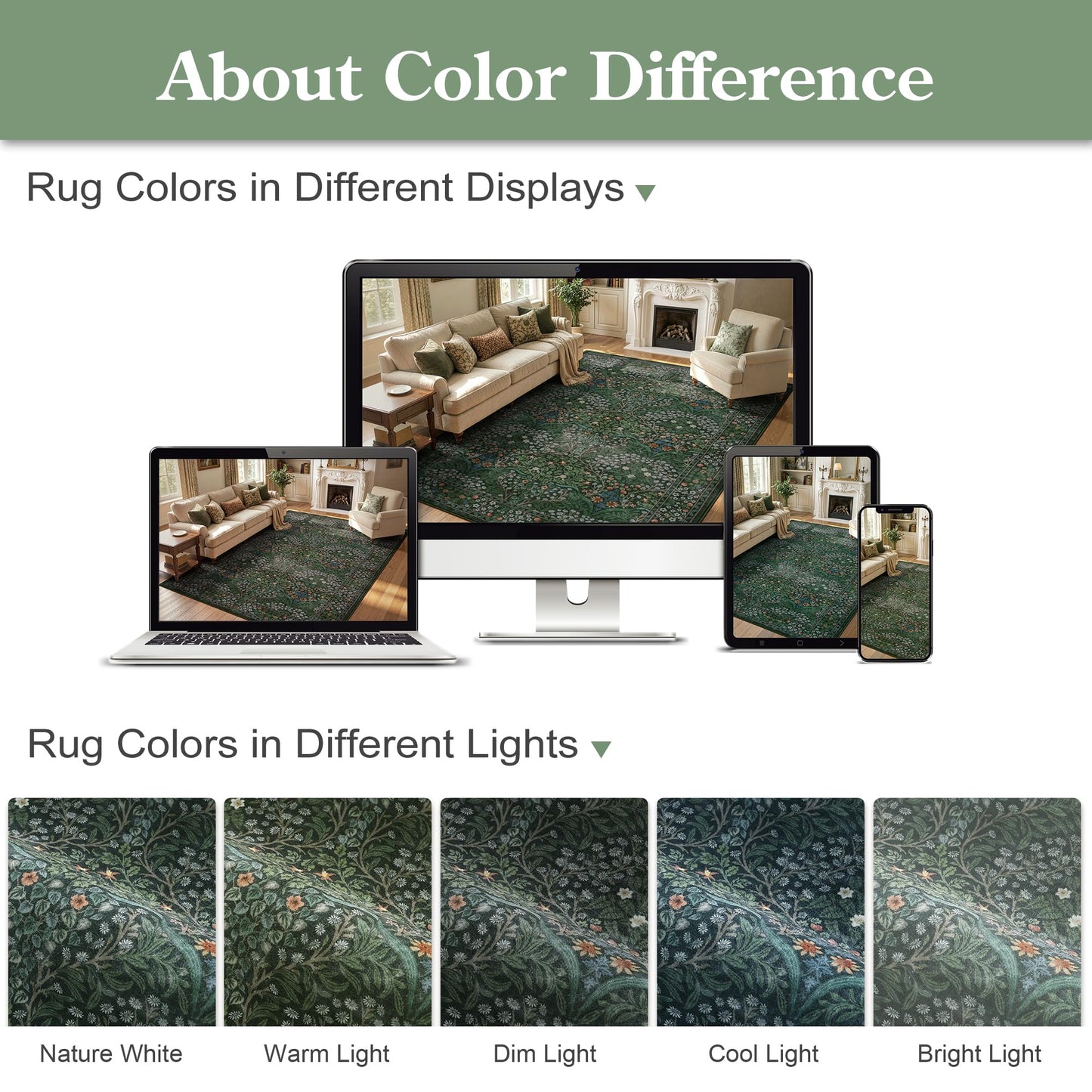 Lahome Dark Green Area Rugs 8x10, Soft 8x10 Washable Rugs for Living Room Dining Room, Boho Floral Non-Slip Forest Large Throw Carpet for Farmhouse Bedroom Office, Dark Green