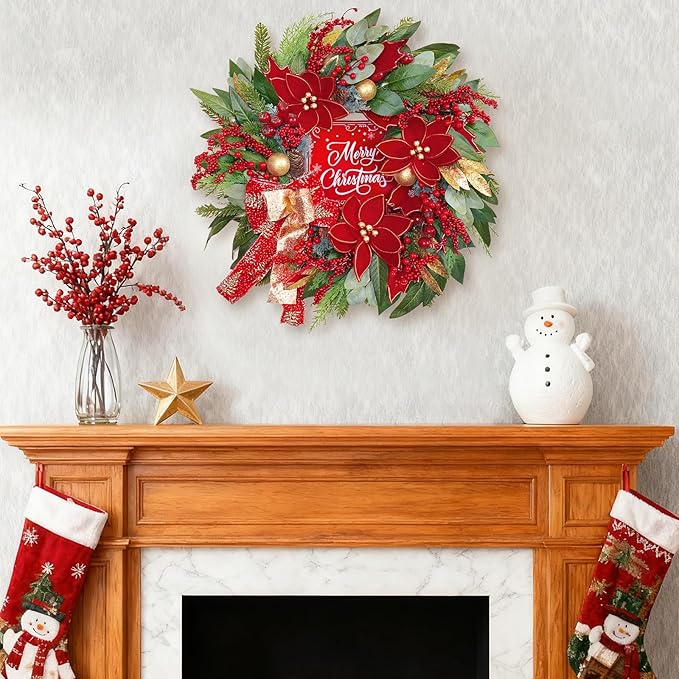 Christmas Wreath with Lights, 24 Inch Lighted Christmas Wreath for Front Door, Winter Wreath with LED Lights, red Berries, Pinecones, Gold Ball, Red Bow, Merry Christmas Sign for Indoor or Outdoor