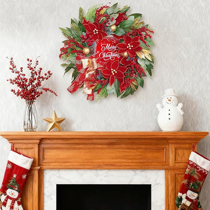 Christmas Wreath with Lights, 24 Inch Lighted Christmas Wreath for Front Door, Winter Wreath with LED Lights, red Berries, Pinecones, Gold Ball, Red Bow, Merry Christmas Sign for Indoor or Outdoor