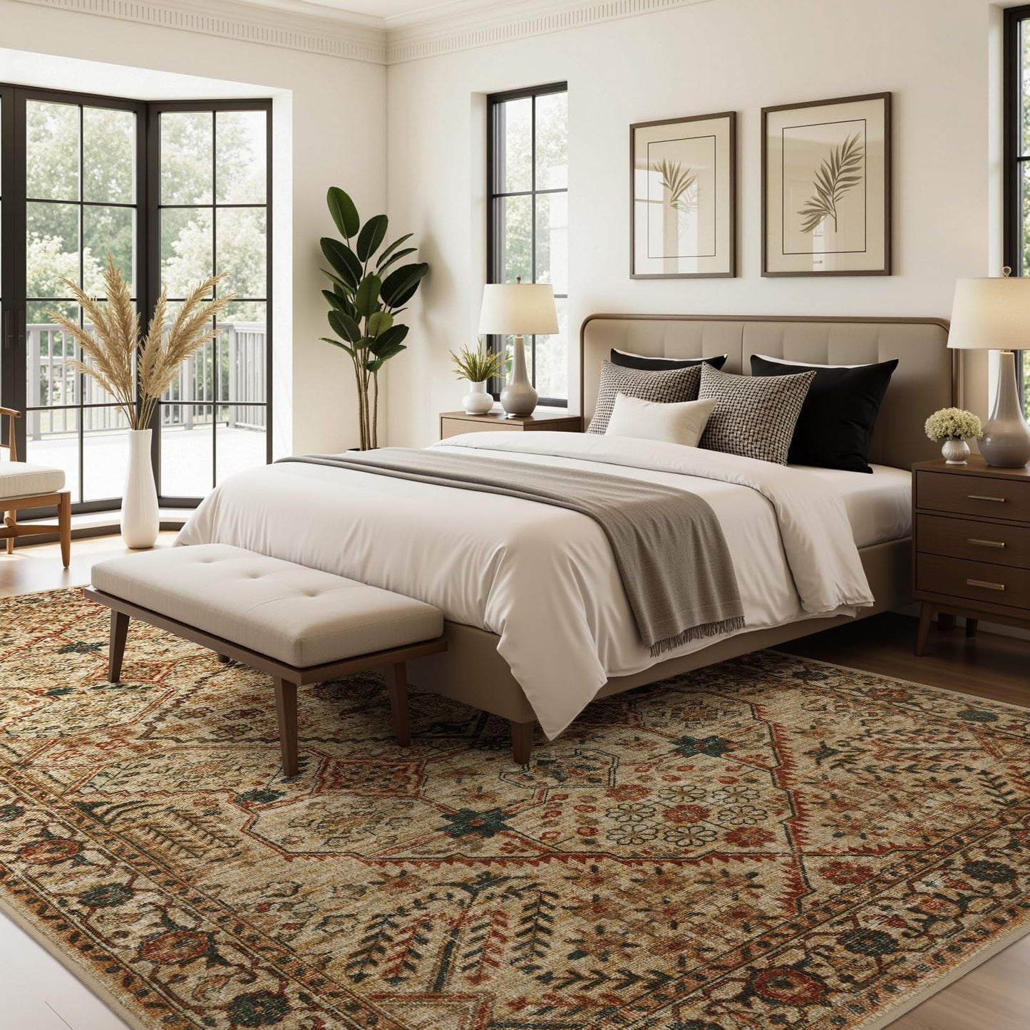 Joydeco 3x5 Area Rugs for Living Room, Non Slip Machine Washable Vintage Rug, Low Pile Chenille Print Rugs for Bedroom, Dining Room, Home Office, Pet & Child Friendly, Tan