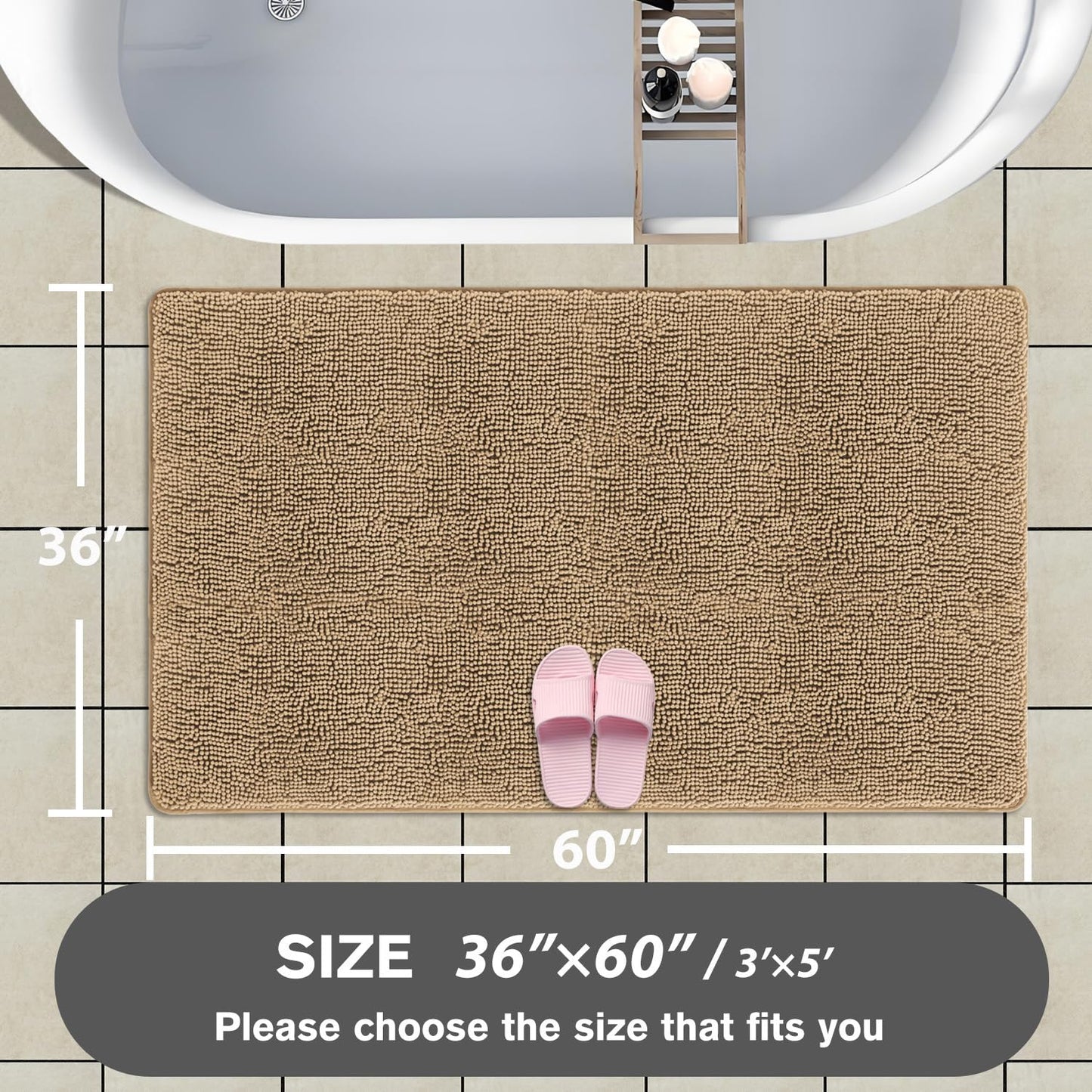 PureSwan Bathroom Rugs 36 x 60 Inch – Extra Large Bath Mat | Absorbent and Washable Thick Chenille Bath Rugs Non-Slip Runner Rug for Bathroom, Shower, Tub(Beige)
