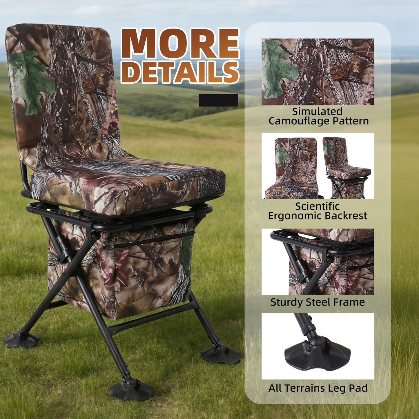 FUNHORUN Hunting Chair with Storage Bag, 360 Degree Silent Swivel Hunting Seat, Camouflage Foldable Ground Blind Chair, Tool-Free Padded Cushion Portable Seat, Lightweight