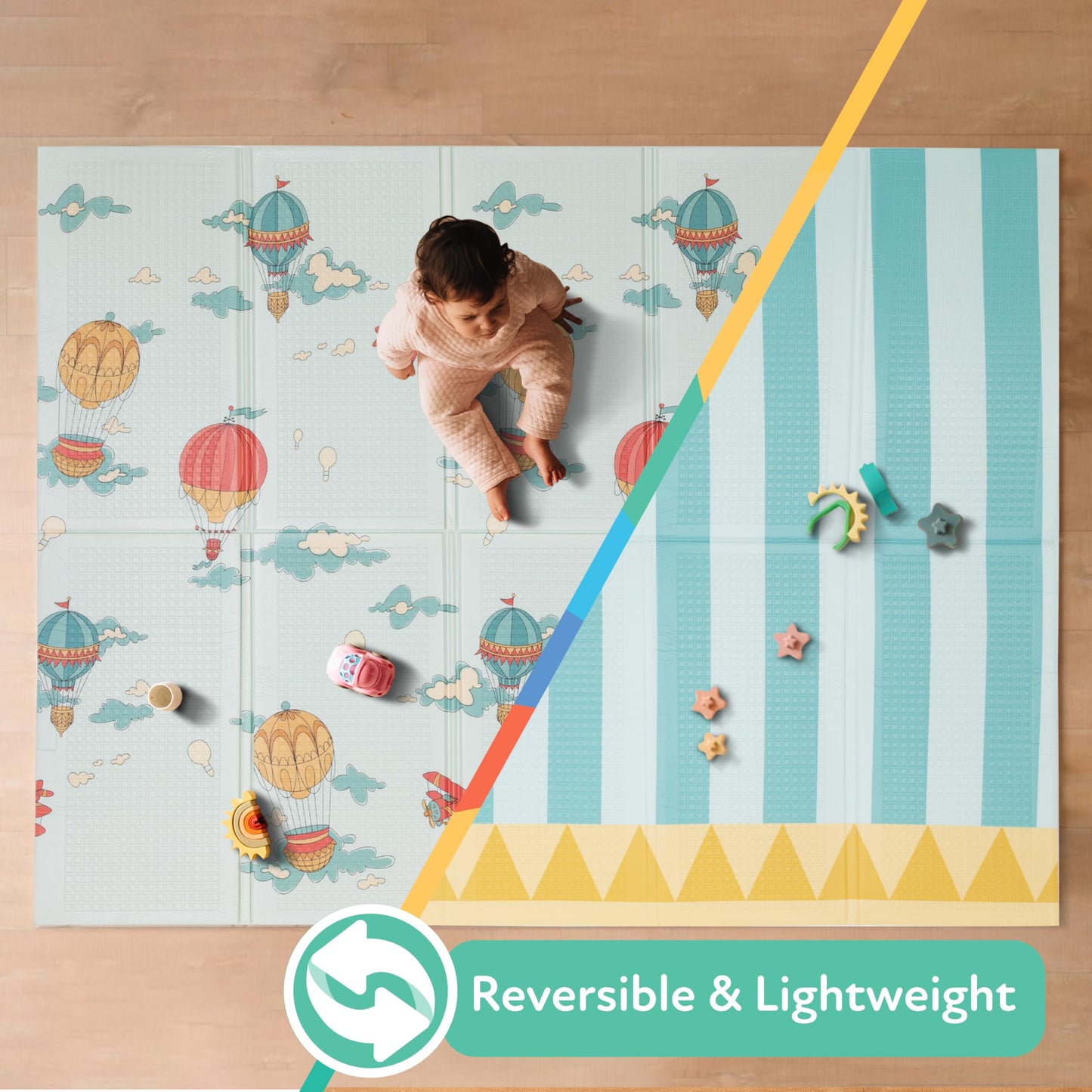 Nuby Reversible Baby Floor Mat - Foldable and Lightweight Foam Infant Play Mat - 77" x 58" - Easy Storage and Travel - Hot Air Balloons/Stripes