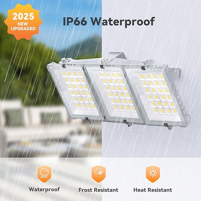 300W 2025 Plus New Upgraded LED Flood Light Outdoor, 30000LM Super Bright Stadium Lights, 6000K Daylight White, IP66 Waterproof, 3 Heads Adjustable Outdoor Floodlight for Yards, Arena, Garden