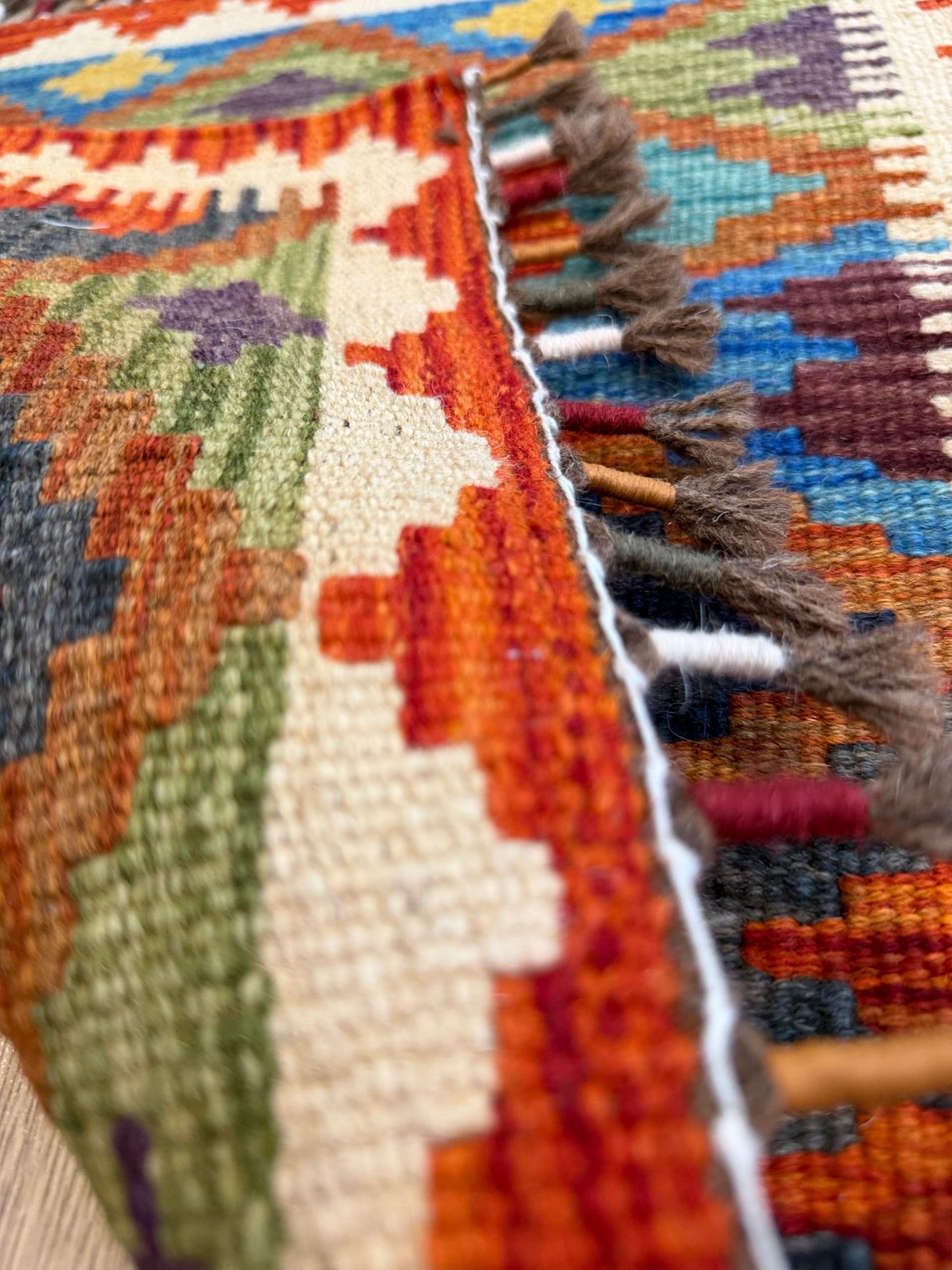 (Handmade Turkish Area Rug(YORUK Kilim) - 100% Wool - 20x22 in (1.5x2 ft) Small Accent Rug - Autumn Tones Geometric Diamond Design, Boho Decor for Side Table, Entryway, Wall Hanging)