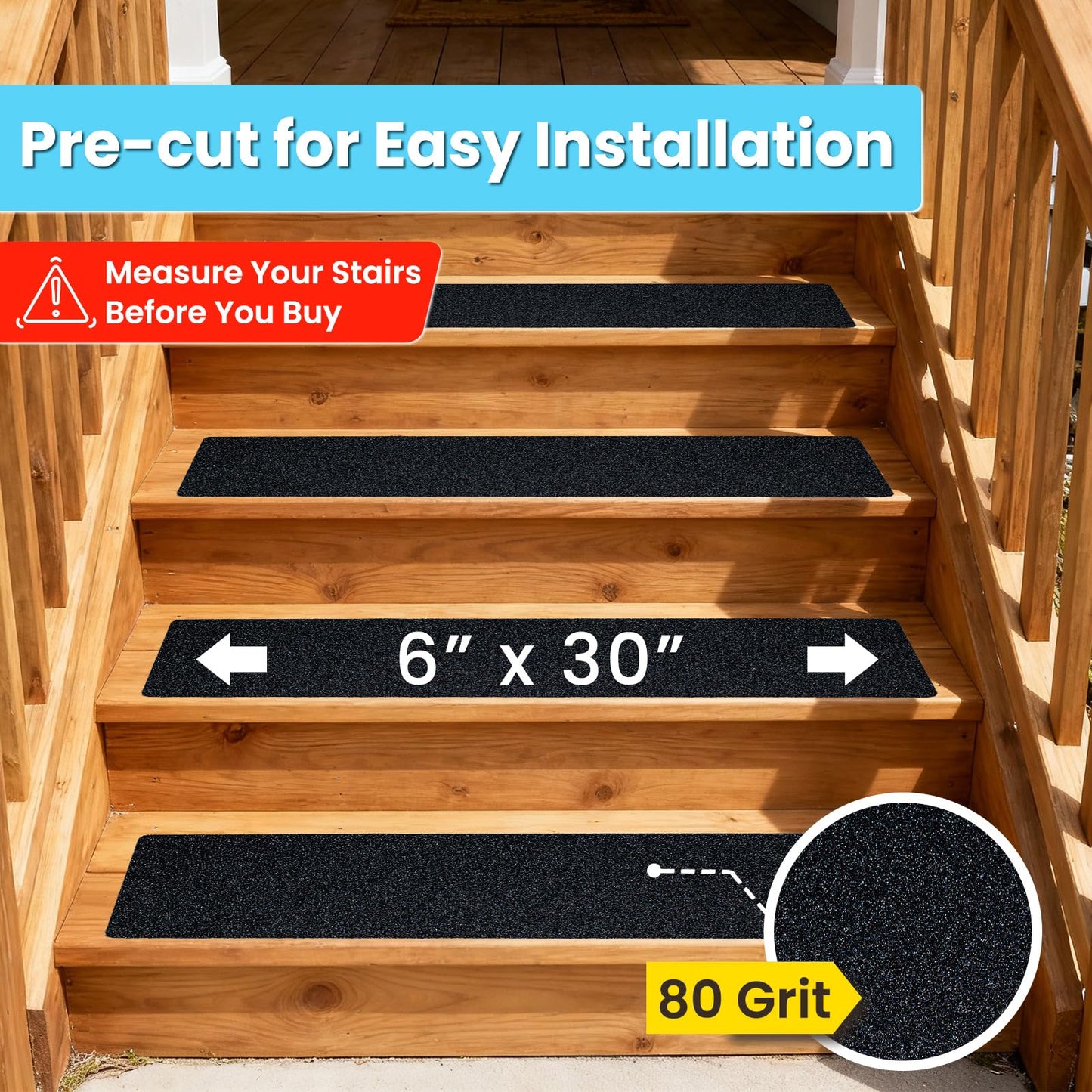 LifeGrip Outdoor Stair Treads Non-Slip 12 Pack, 6"X30" Waterproof Grip Tape for Wooden Steps, Deck, Porch - 80-Grit Adhesive Strips for Dogs, Kids & Elderly Safety