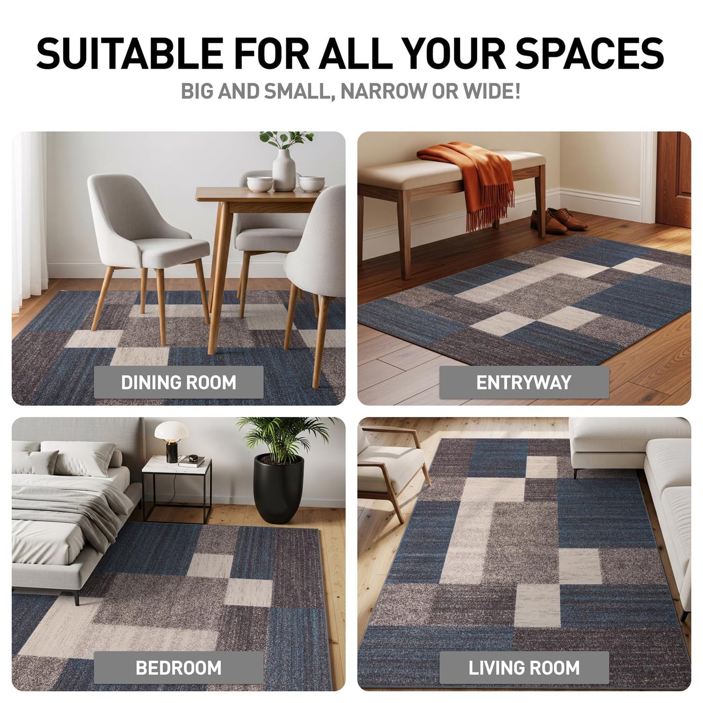 Rugshop Modern Boxes Design Non-Slip (Non-Skid) Carpet for Hallway,Entryway,Kitchen Runner Rug 2' x 10' Blue