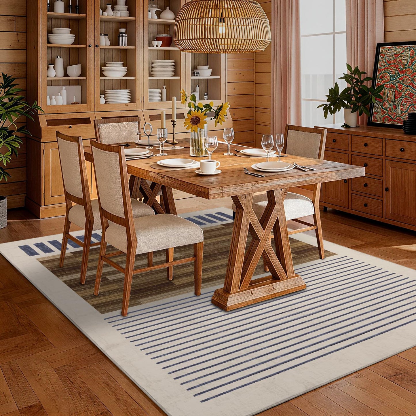 YIHOUSE Washable Area Rug 5x7 Modern Striped Lines Black and Brown - Living Room Rugs Low Pile Non-Slip - Black and White Rug for Bedroom Farmhouse Hardwood Decor
