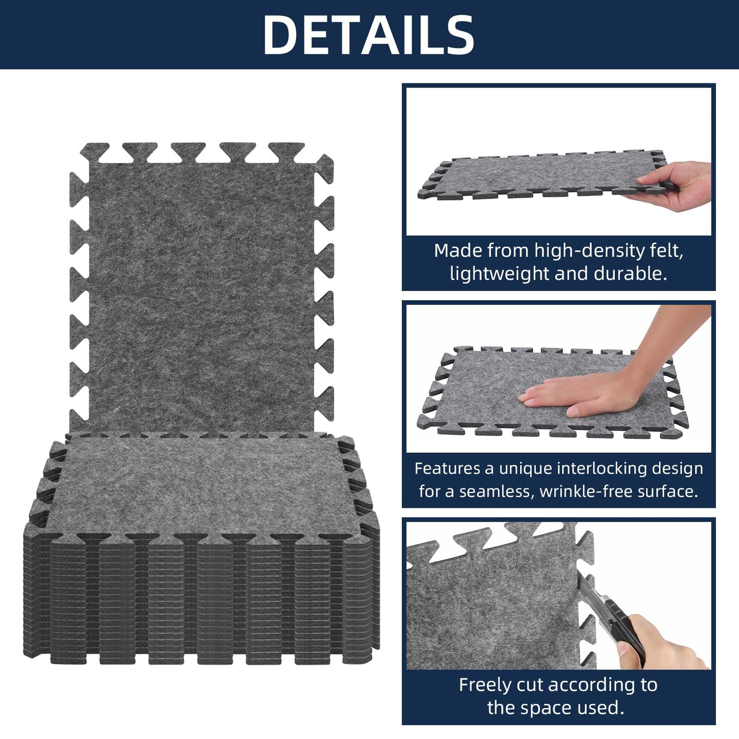 20 Pieces Sound Absorbing Interlocking Floor Mats, 15.7 x 11.8 x 0.4 inches High Density Felt Soundproof Pads Non-Slip Anti Vibration Puzzle Acoustic Blankets Piano Carpet Drum Rug, Gray
