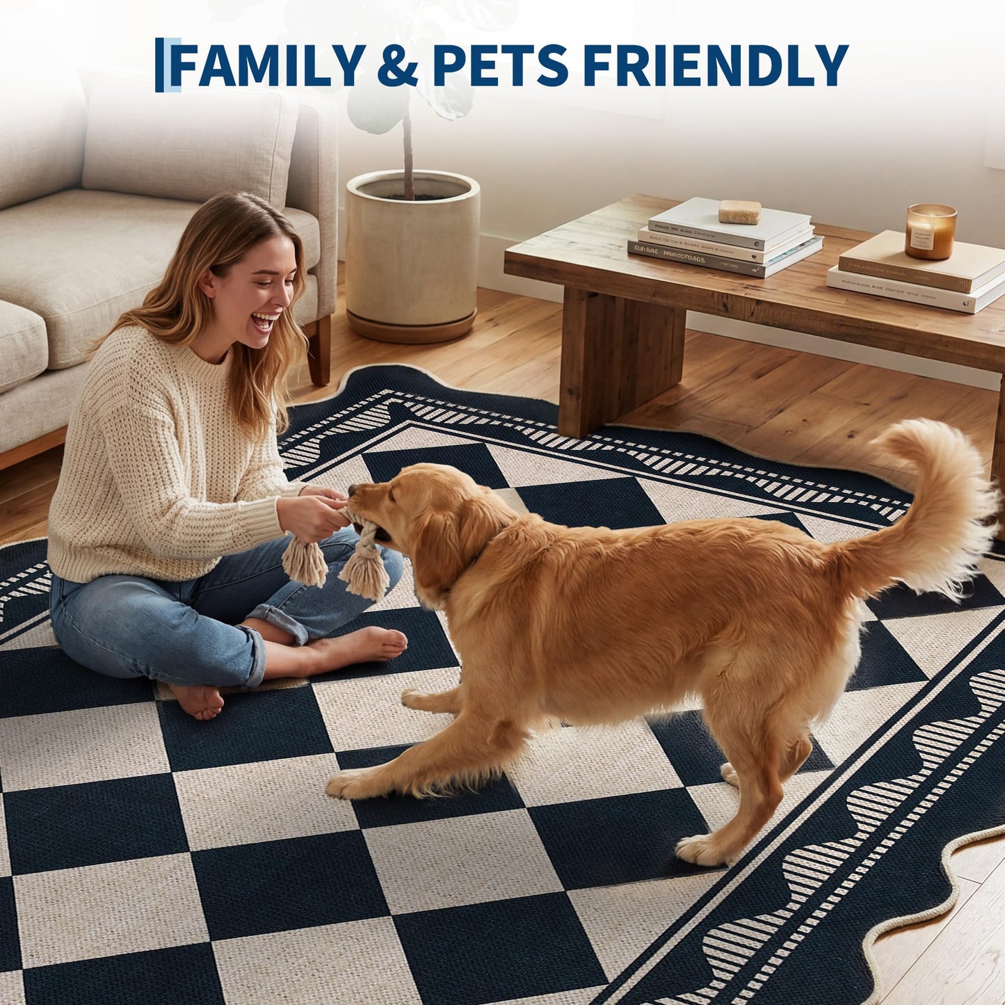 Garvee Easy Jute 2x6 Scalloped Border Kitchen Rugs Non Slip Indoor Outdoor Washable Rugs for Living Room Low Pile Floor Cover for Entryway Stain Resistant Indoor Carpet for Hallway，Black/White