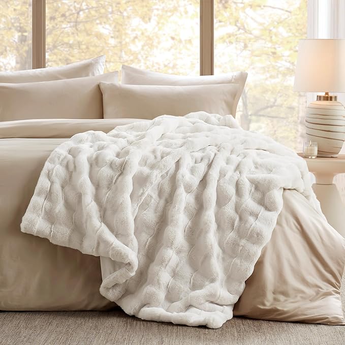Madison Park Luxuriously Cozy Soft Long Faux Fur Throw Basketweave Blanket Reversible Soft & Snuggly Velvet Throw, Lightweight, Breathable Trendy Room Décor Summer Blanket, 50x60, Ivory
