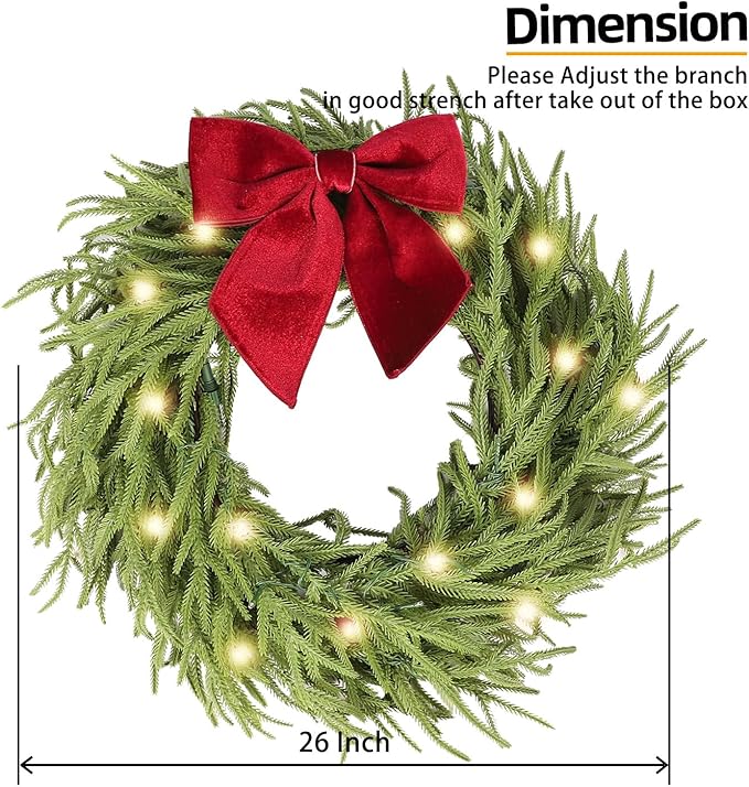 26 Inch Christmas Wreaths for Front Door with Lights,Lighted Norfolk Pine Door Wreath,Prelit Real Touch Artificial Green Winter Wreath with Large Burgundy Velvet Bow for Indoor Outdoor Decor