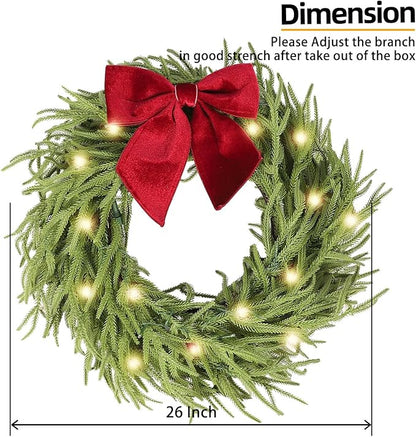 26 Inch Christmas Wreaths for Front Door with Lights,Lighted Norfolk Pine Door Wreath,Prelit Real Touch Artificial Green Winter Wreath with Large Burgundy Velvet Bow for Indoor Outdoor Decor