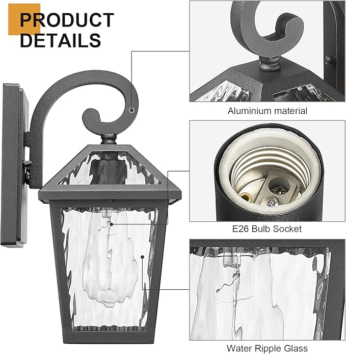 Outdoor Lights Fixtures Wall Mount, Outdoor Wall Lantern with Water Ripple Glass, Waterproof Outside Exterior Wall Sconce Lights Fixture for House, Front Porch, Patio, Matte Black