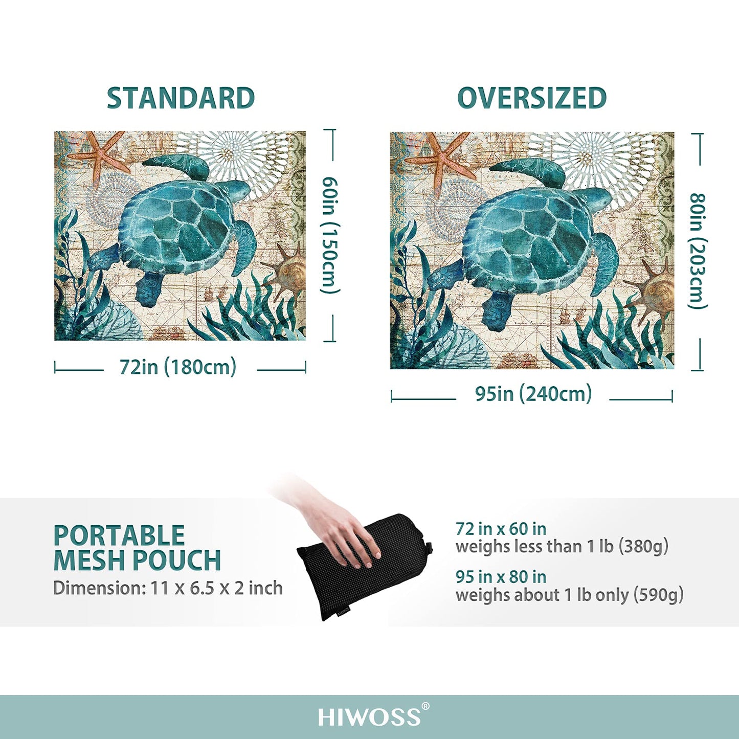 Hiwoss Beach Blanket Waterproof Sandproof Oversized 95”x 80”,Sand Free Beach Mat with Corner Pockets,Portable Mesh Bag for Beach Festival,Picnic,Travel and Outdoor Camping (Seaturtle)